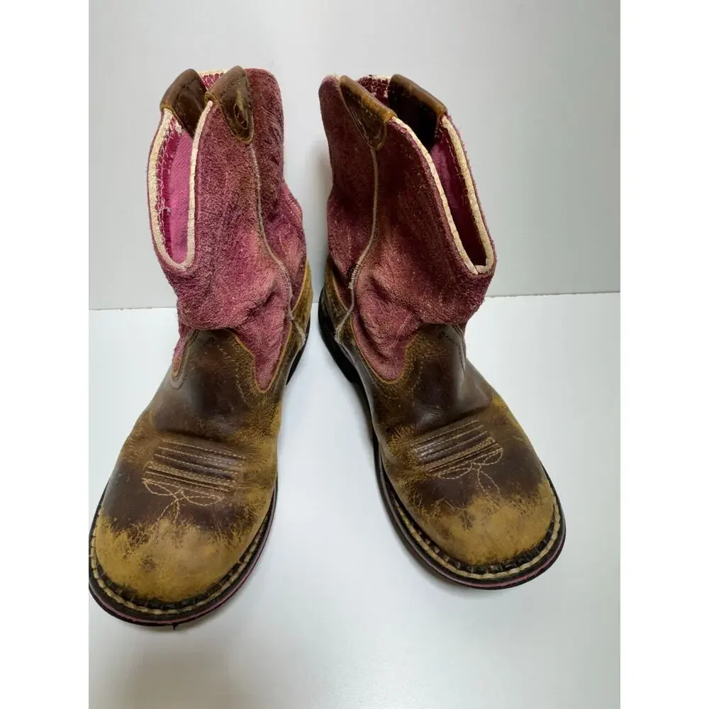 Ariat Brown/Pink Leather Girls Youth Western Boots Sz 13.5 Cowboy
